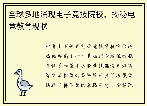 全球多地涌现电子竞技院校，揭秘电竞教育现状
